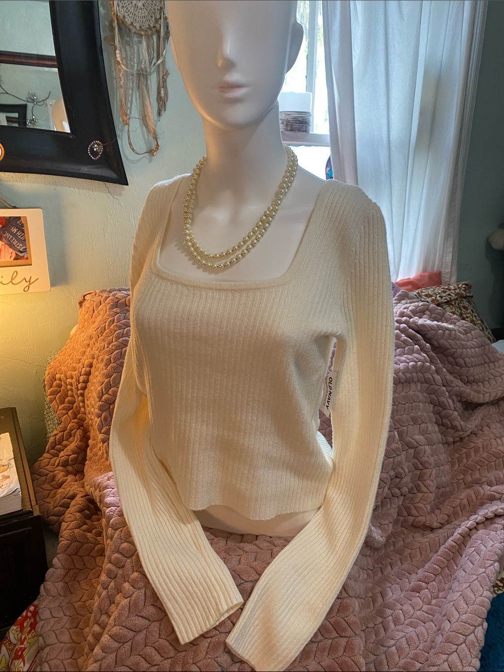 Old Navy Cream Ribbed Square-Neck Long-Sleeve Sweater